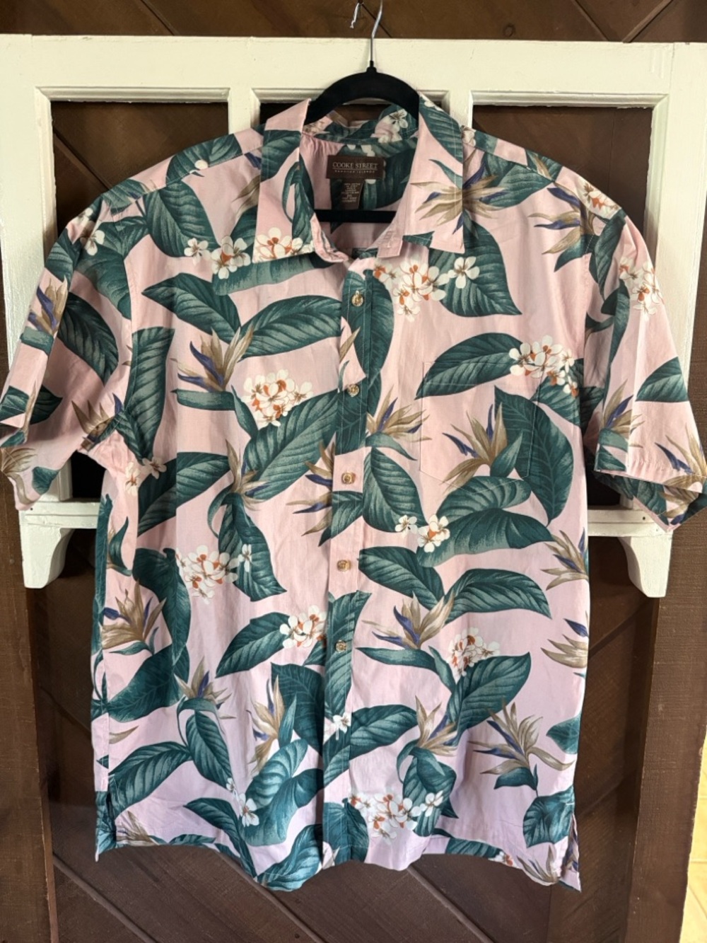 Men’s Tropical Button-Up Dress Shirt — Pink with Green Leaf Print